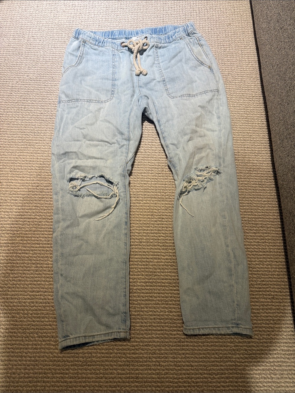 Light Blue womens Distressed Drawstring Jeans